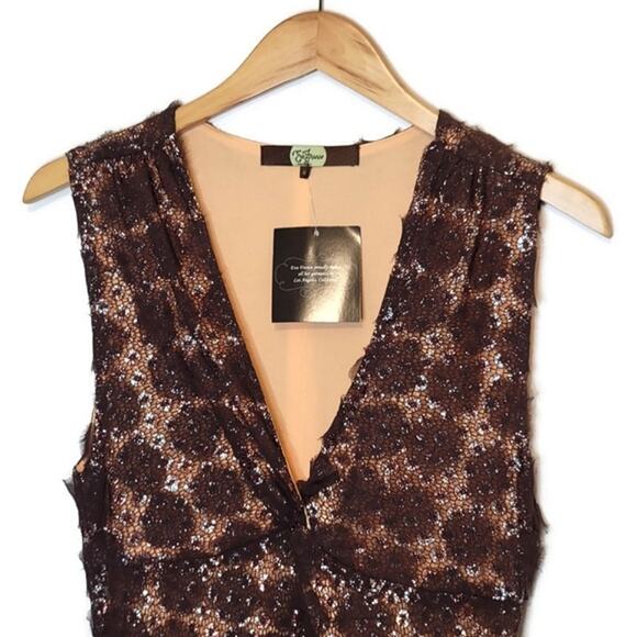 Eva Franco V Neck Sleeveless Lace Overlay Brown A Line Midi Dress Size 6 - Picture 3 of 16